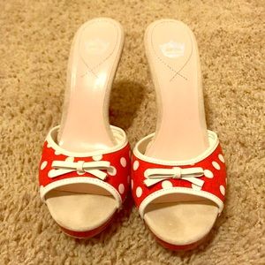 Red polka dot heels with white bow.  NWOT